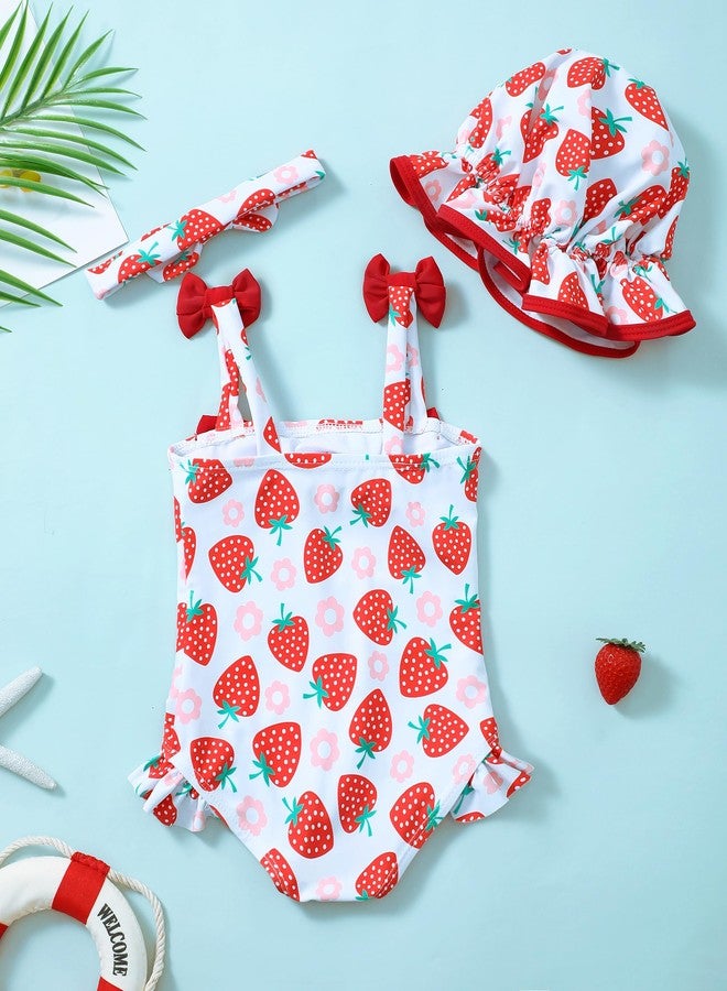 Renotemy Baby Girl Swimsuit 12-18 Months Infant Bathing Suit Girl One-Piece Sleeveless Bikini Tankini Rash Guard Strawberry Baby Swimsuit Girl 12-18 Months with Sunhat Beach Baby Essentials Pink - Image 3